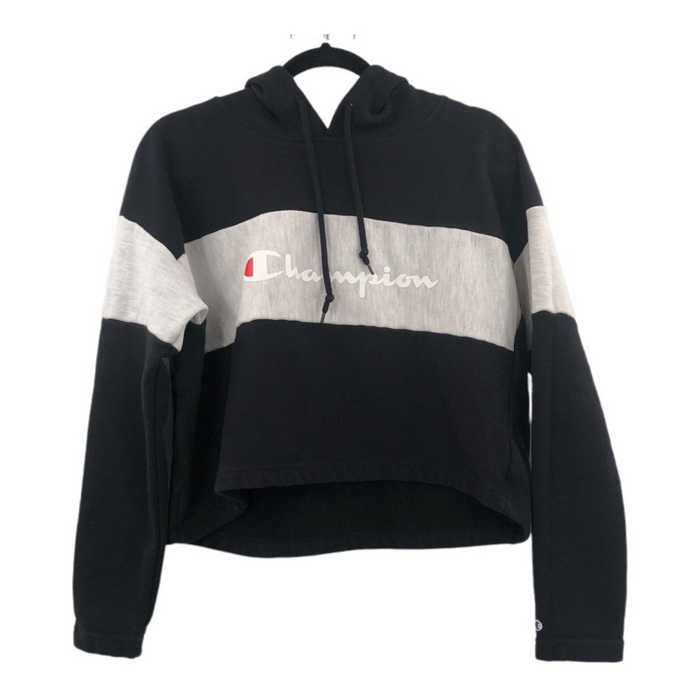 Champion Reverse Weave Crop Hoodie Color-Block Womens Medium Black Gray